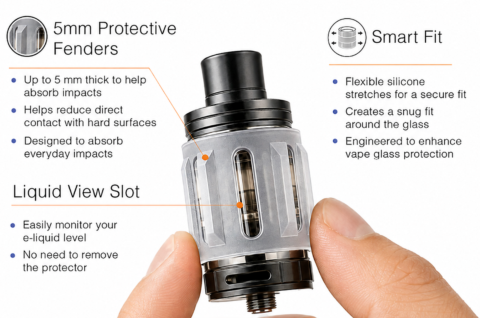 Eleaf vape tank compatibility — VapeGuard protective fenders, flexible fit and liquid view slot
