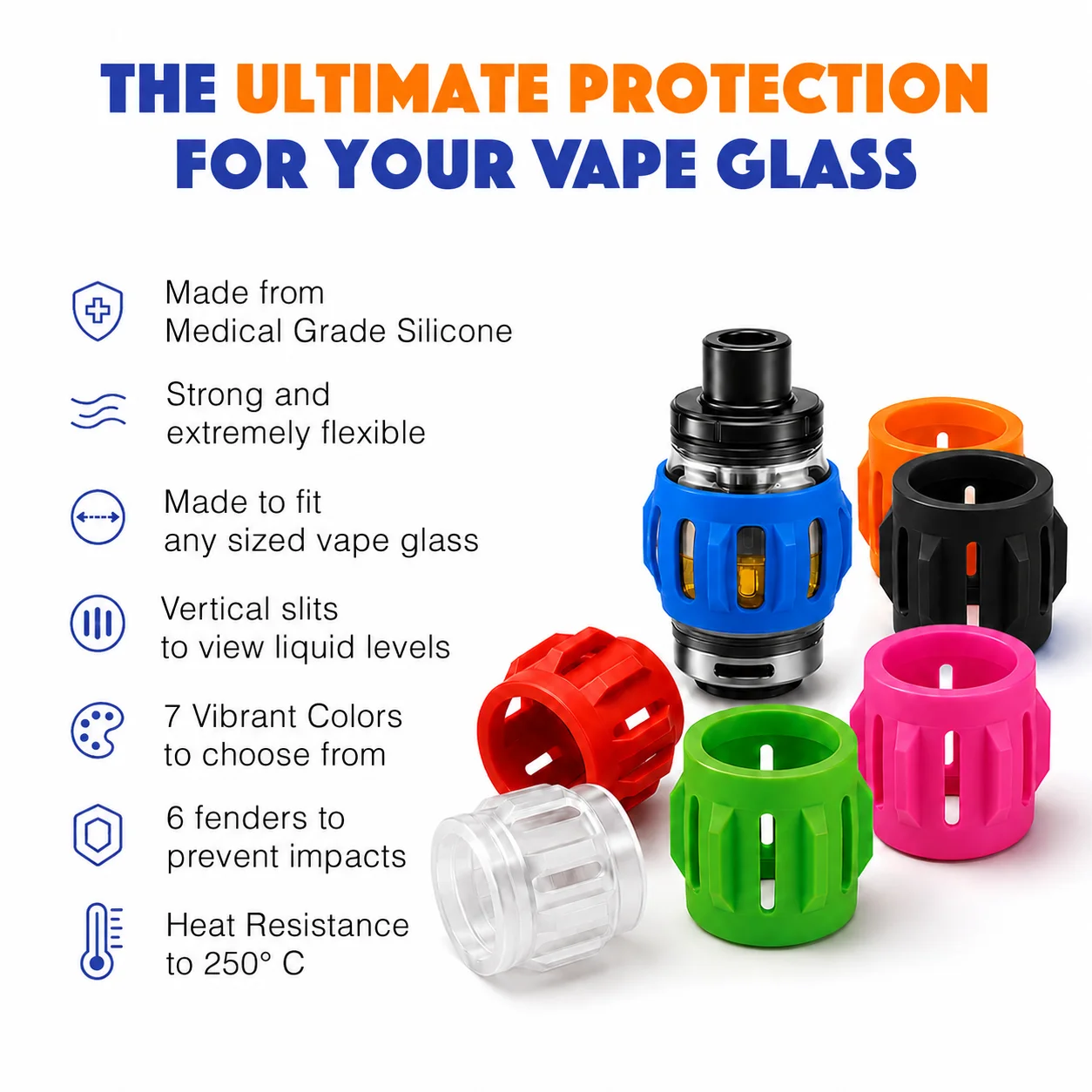 Blue silicone protector fitted around a vape tank, shown with protectors in six other colours
