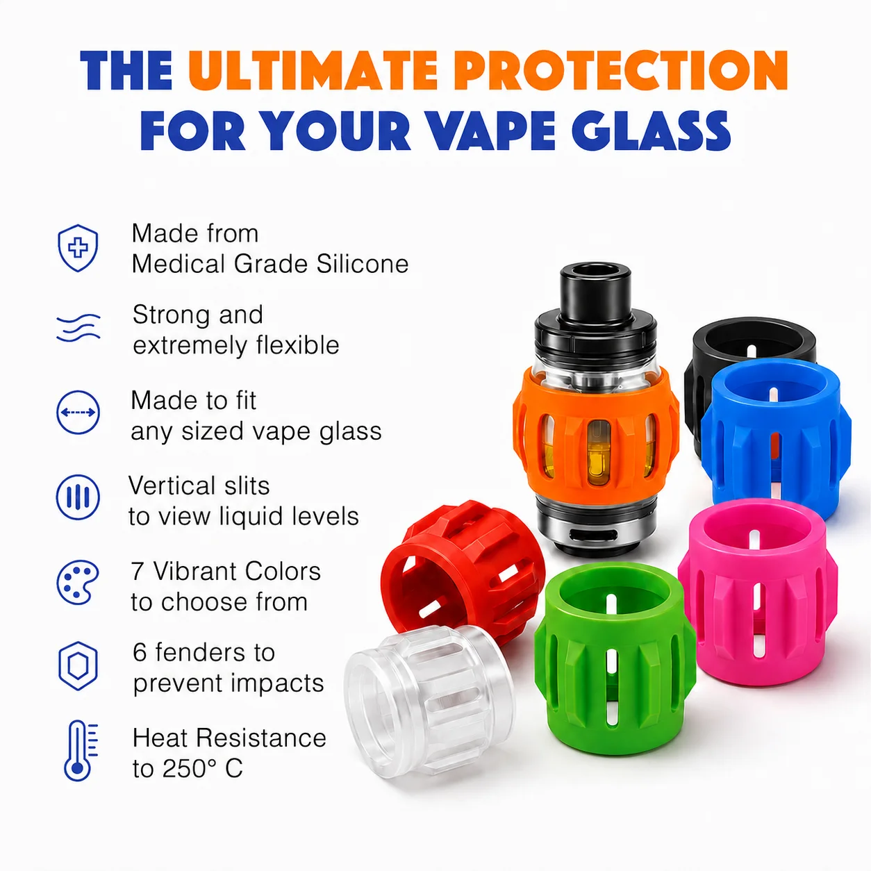 Orange silicone protector fitted around a vape tank, shown with protectors in six other colours