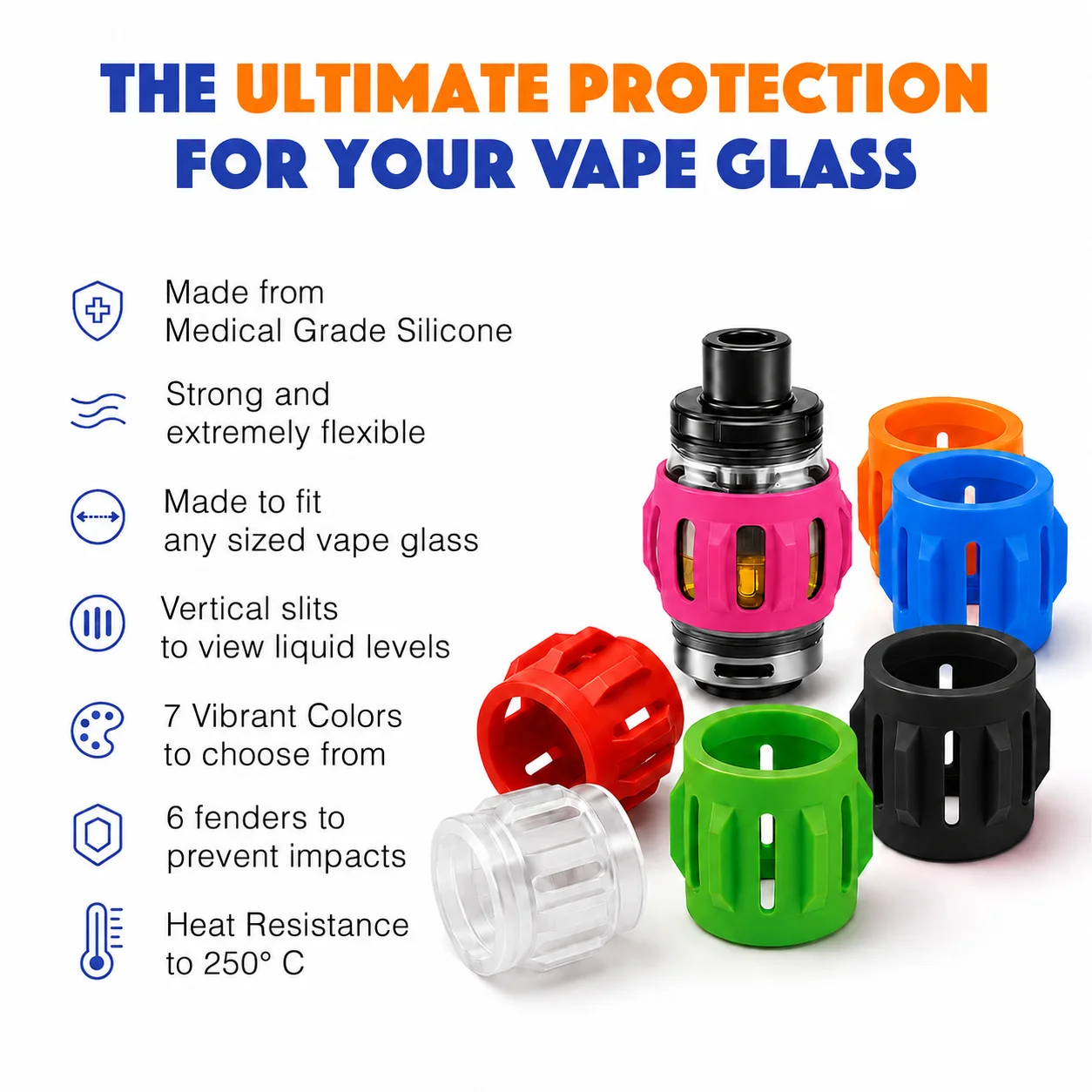 Pink silicone protector fitted around a vape tank, shown with protectors in six other colours