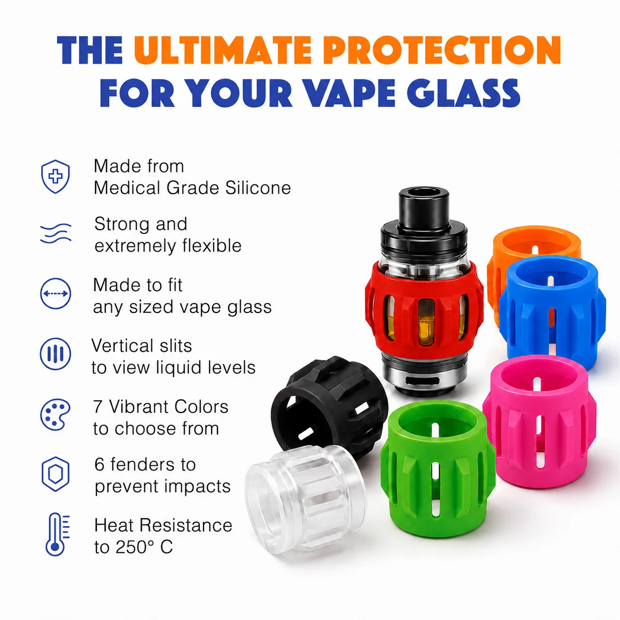 Red silicone protector fitted around a vape tank, shown with protectors in six other colours