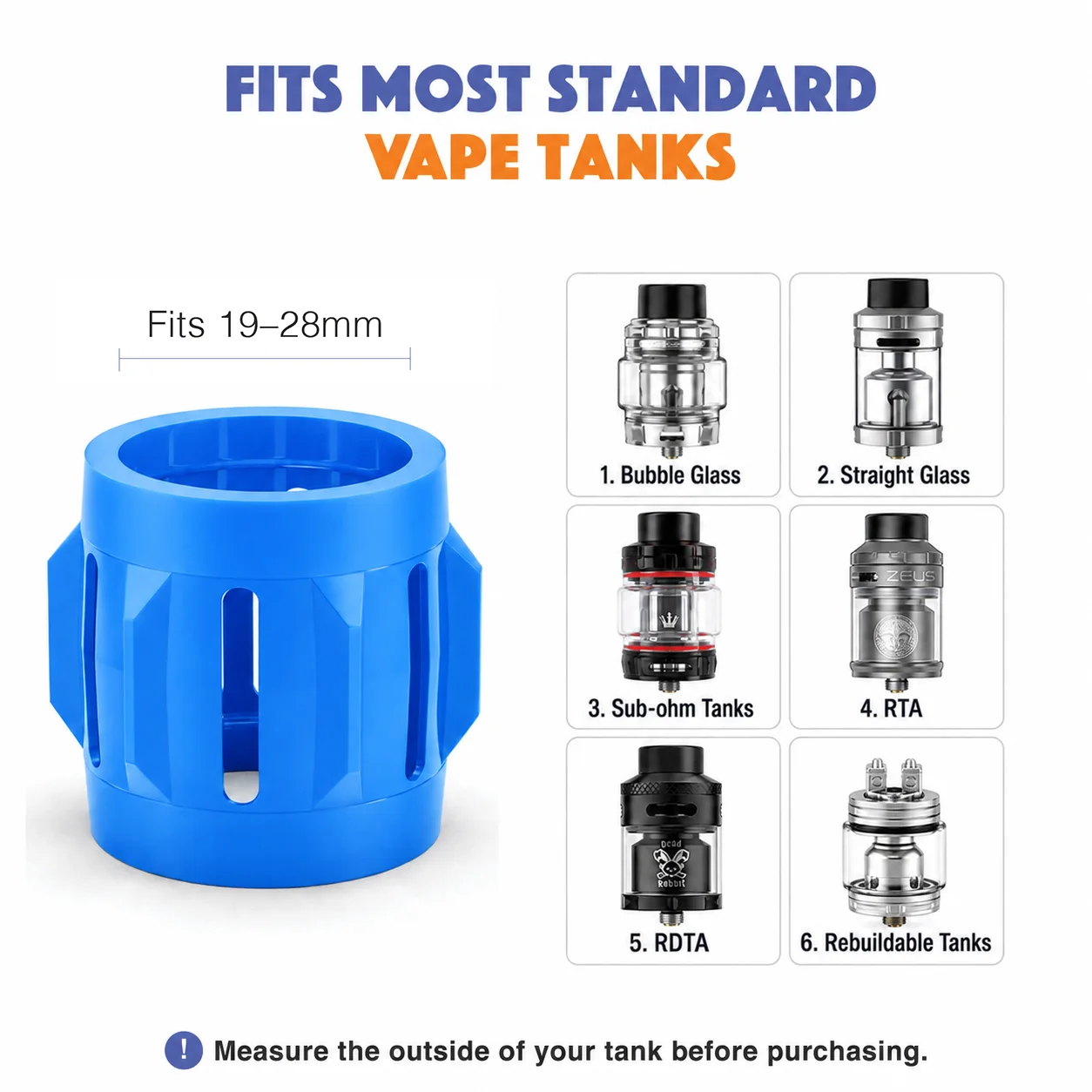 Blue vape tank protector with a 19–28 mm size guide and examples of compatible tank types