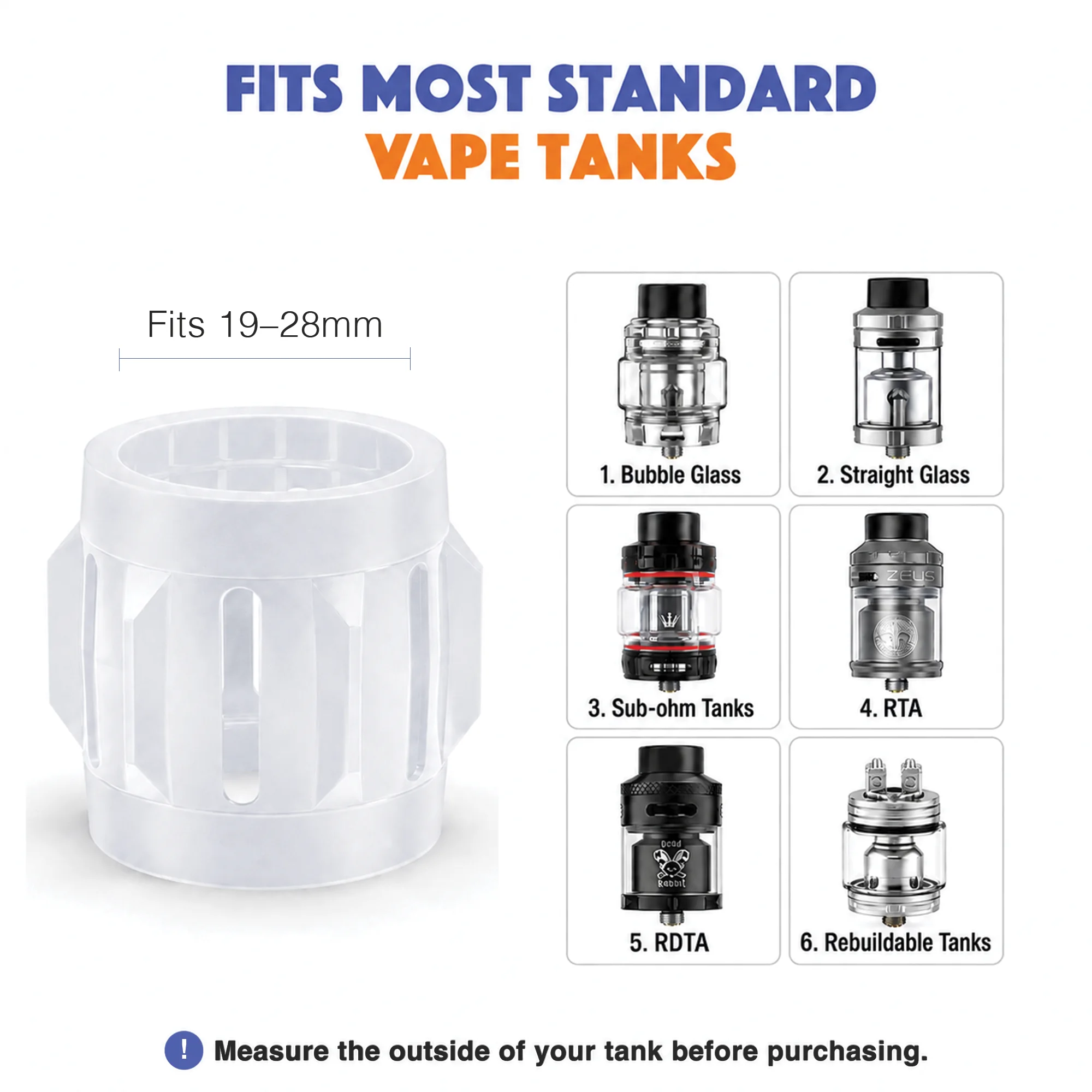 Semi-transparent VapeGuard tank protector shown with compatible vape tank types — vape tank case