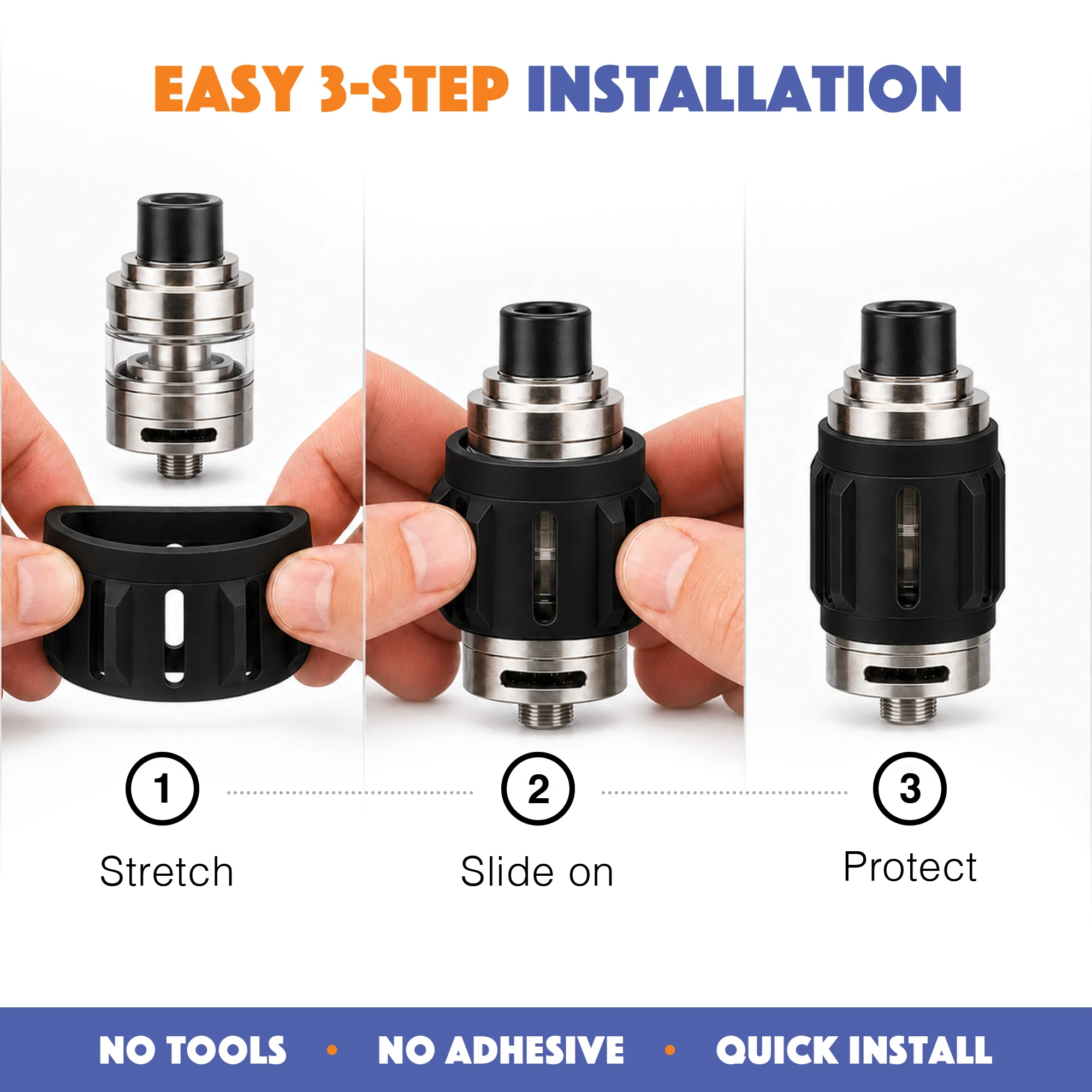 Three-step installation of a black VapeGuard tank protector around a vape tank — vape tank case